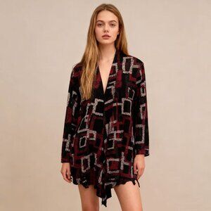 Travelers Chicos Womens Open Front Top Cardigan Sz 3 Sheer Red Black Geometric